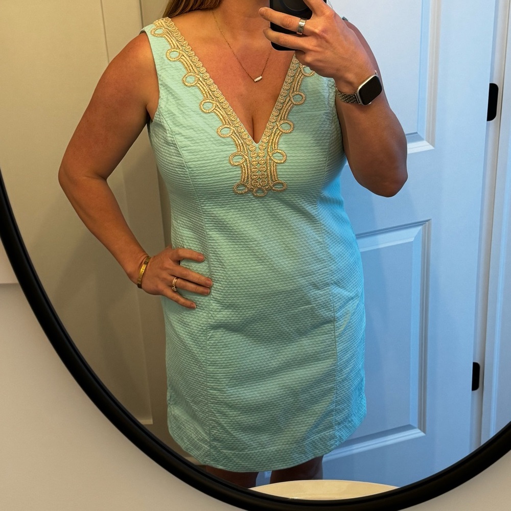Lilly Pulitzer Aqua Textured Shift Dress Gold Embroidered Neckline Size 12 - Picture 2 of 9